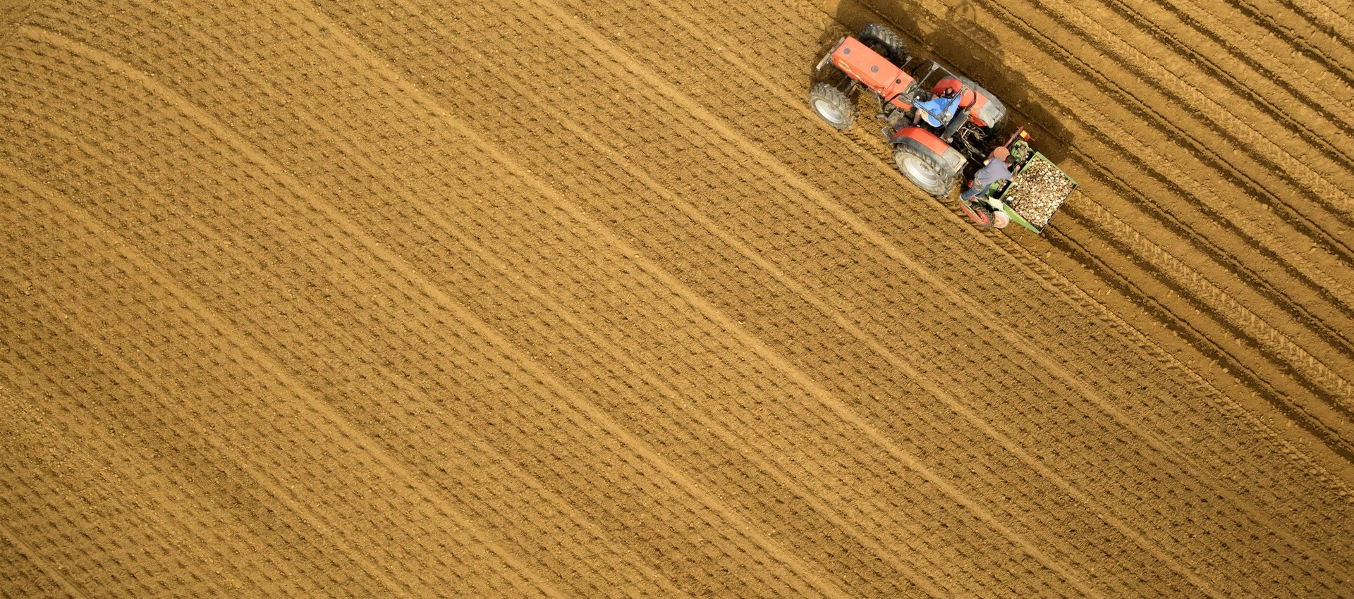 Traktor mit Pflug Luftaufnahme