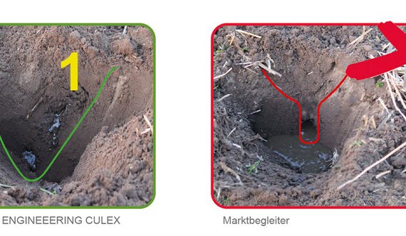 Bodenquerschnitt vom Volmer Engineering Strip Till Gerät Culex und vom Wettbewerb